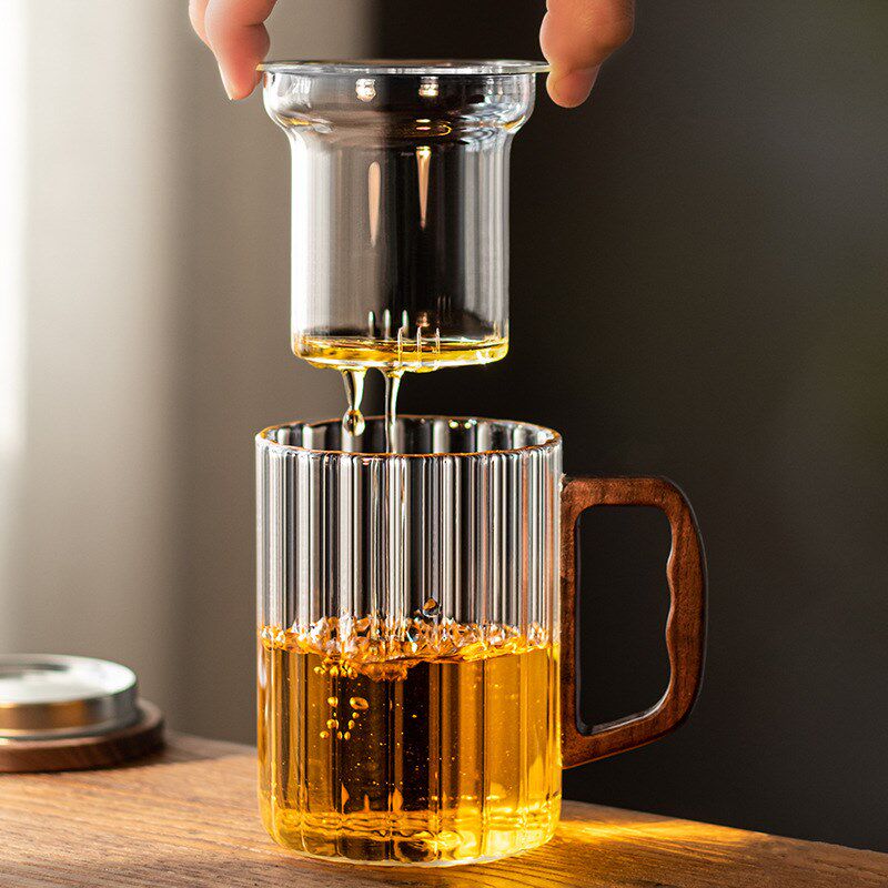 竖纹三件杯办公室茶水分离沏茶杯过滤泡茶高硼硅玻璃水杯木把带盖