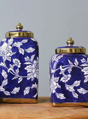 新中式家居客厅电视柜茶几玄关样板房创意青花陶瓷储物罐花瓶摆件
