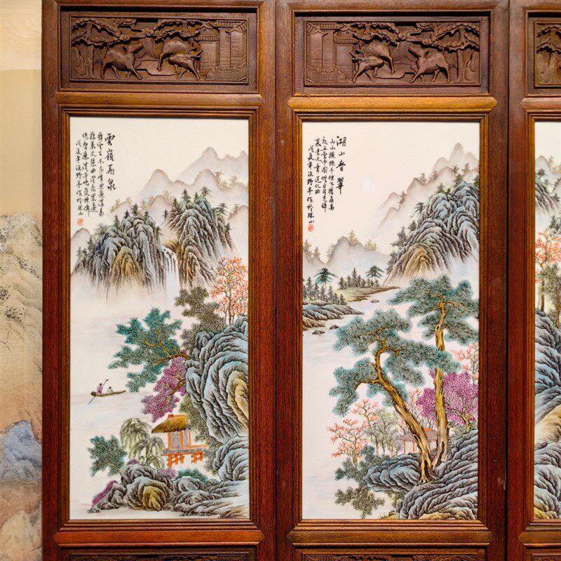 古玩杂项收藏仿古老货花梨木雕瓷板画山水画屏风摆件家居装饰品