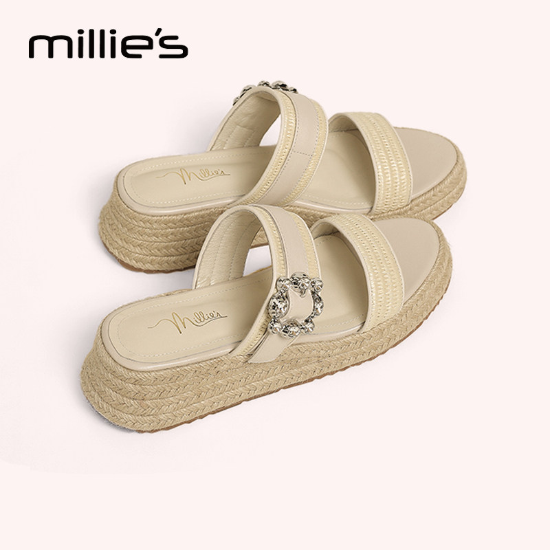 妙丽官方旗舰店2025夏季新款时尚高级感黑色编织厚底一字拖鞋外穿