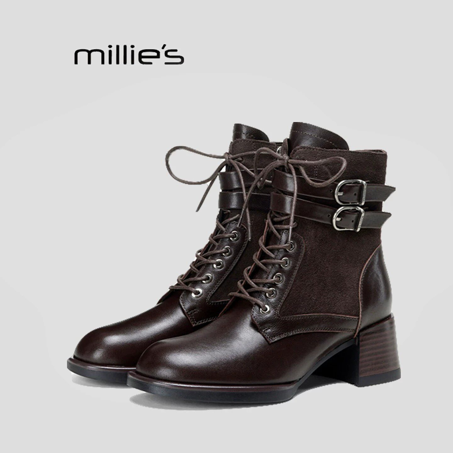 MILLIE'S/妙丽复古风皮带扣马丁靴女2026夏季真皮粗跟机车靴短靴P