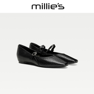 MILLIE'S/妙丽官方新款内增高玛丽珍鞋女方头一字扣时尚芭蕾鞋CZ