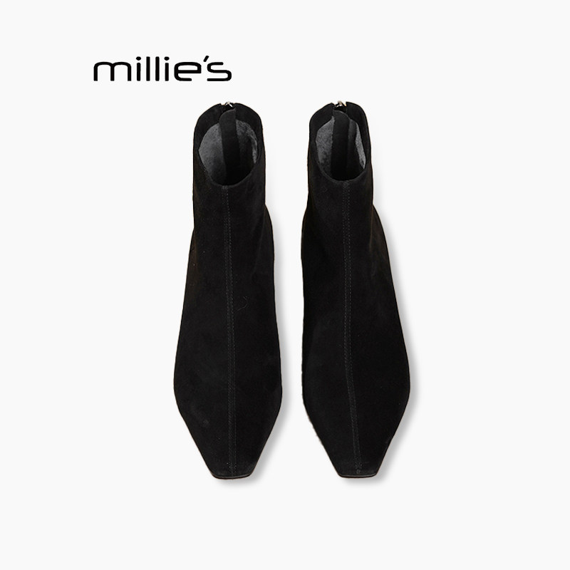 MILLIE'S/妙丽性感小方头瘦腿靴女冬季加绒职场魅力高跟时尚女靴Z