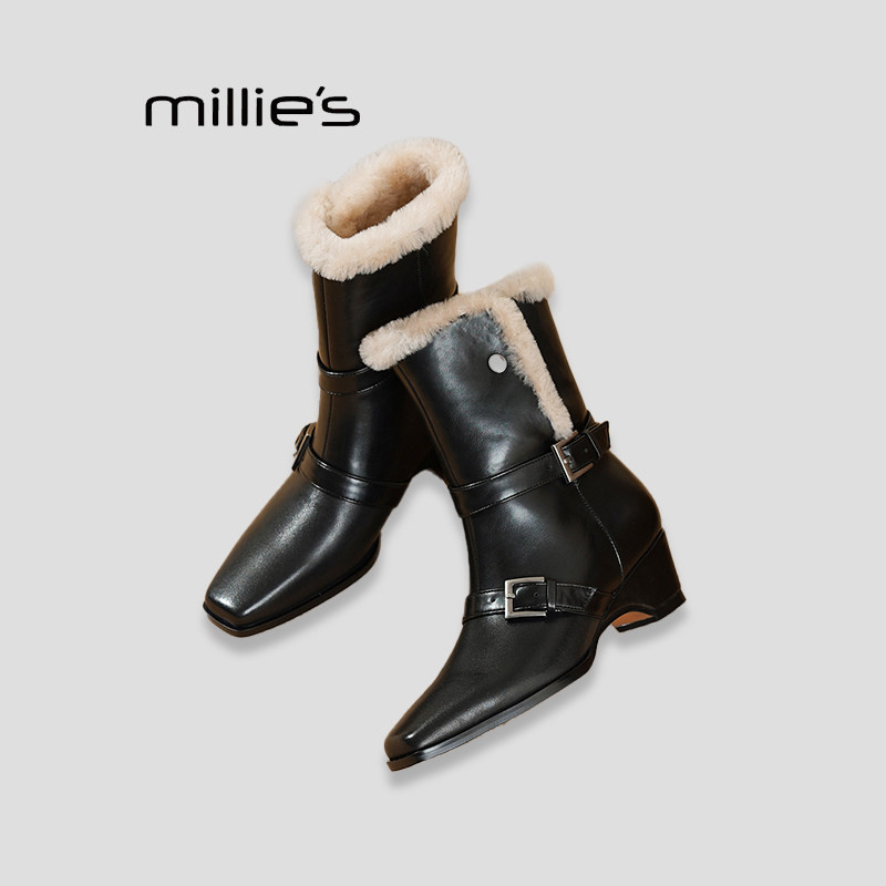 MILLIE'S/妙丽雪地靴女冬款加绒保暖骑士靴显瘦皮带扣尖头女短靴Q,女鞋,时装靴,淘宝优惠券,粉丝福利购,淘宝优惠卷