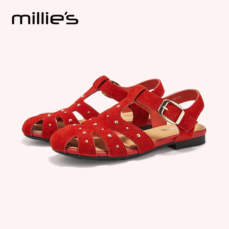 MILLIE'S/妙丽红色铆钉包头罗马凉鞋女夏季平底镂空百搭休闲