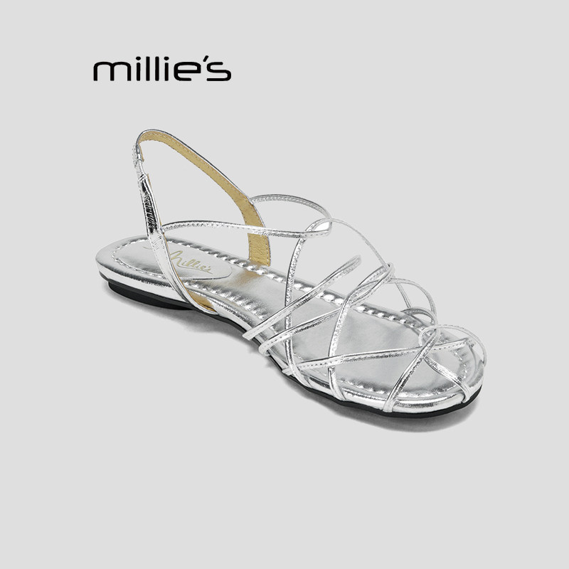 MILLIE'S/妙丽镂空编织平底罗马凉鞋女2026夏季新款绑带休闲鞋P
