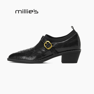 MILLIE'S/妙丽羊皮皮鞋女款中年妈妈鞋2026新款秋季真皮粗跟单鞋Q