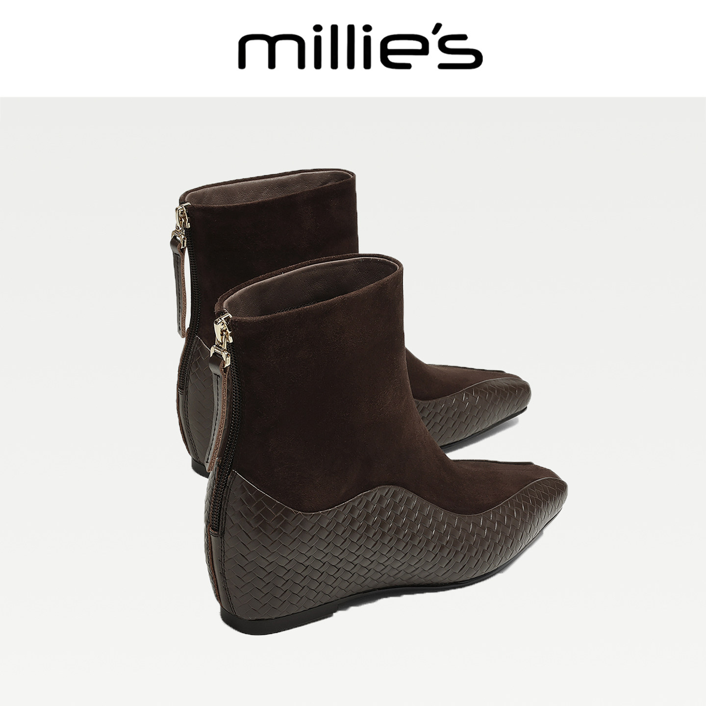 MILLIE'S/妙丽2026秋季厚底短靴女棕色坡跟显瘦时尚百搭后拉链p