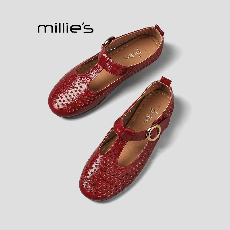 MILLIE'S/妙丽红色镂空玛丽珍鞋女一字扣平底法式复古单鞋P