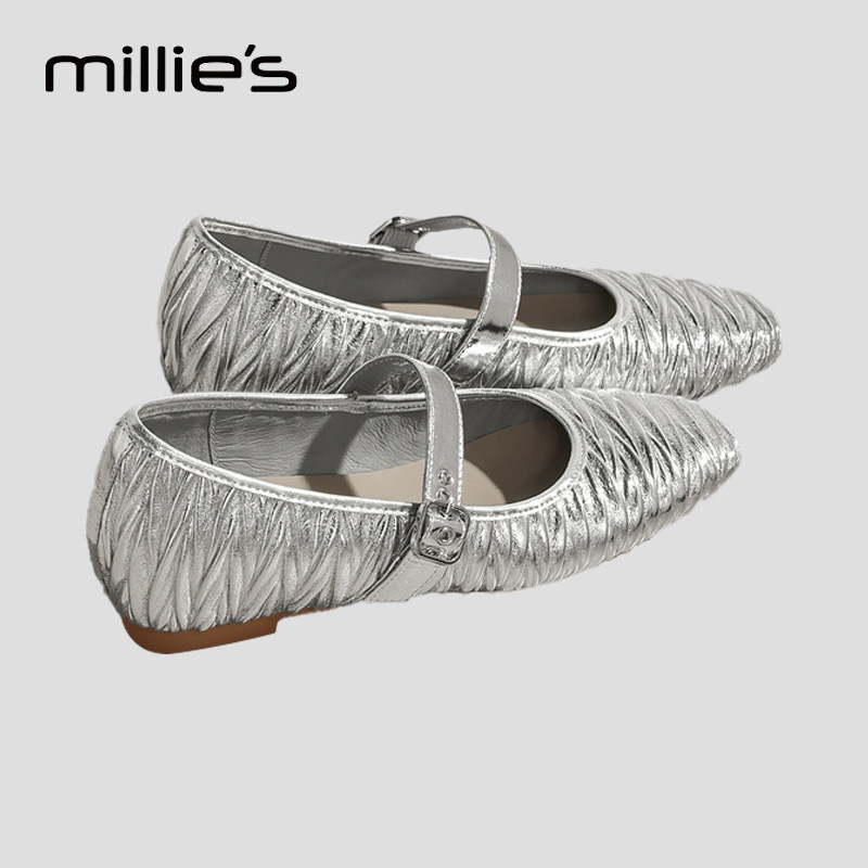 妙丽官方旗舰店女鞋手工复古方头褶皱玛丽珍一字带娃娃鞋真皮单鞋