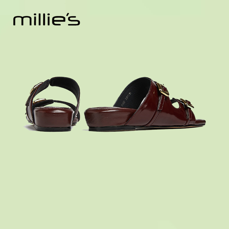 MILLIE'S/妙丽真皮方头凉拖鞋