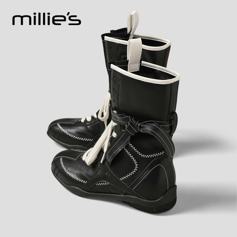 妙丽官方旗舰店内增高德训靴女百搭拼色系带拳击靴户外工装马丁靴