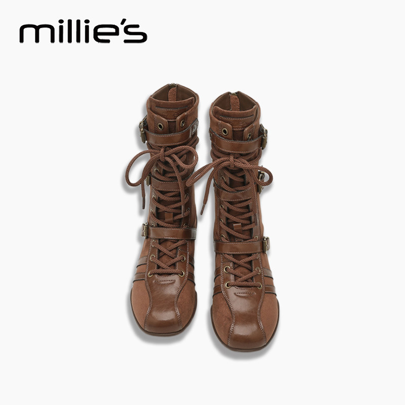 MILLIE'S/妙丽女鞋2025新款拳击靴女复古绑带休闲短靴平底高帮靴H,女鞋,时装靴,淘宝优惠券,粉丝福利购,淘宝优惠卷