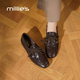 妙丽官方旗舰店系带乐福鞋女鞋2026秋季新款平底单鞋一脚蹬豆豆鞋