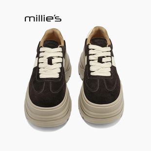 女厚底小个子增高休闲鞋 MILLIE 真皮复古德训鞋 妙丽2025新款