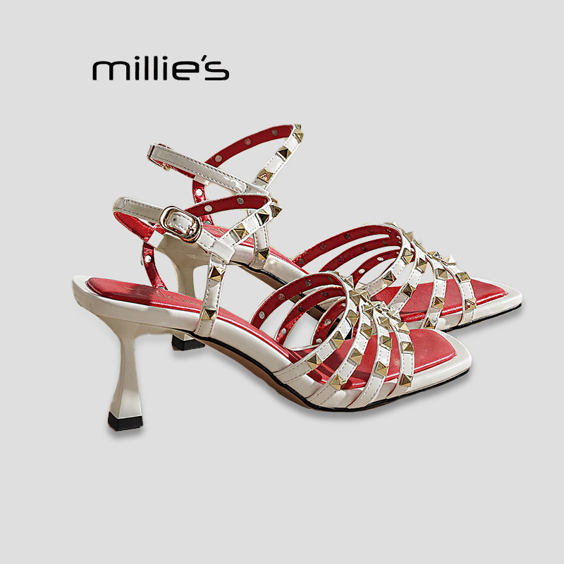 MILLIE'S/妙丽铆钉细跟凉鞋女巨好看多带设计性感通勤高跟鞋女P