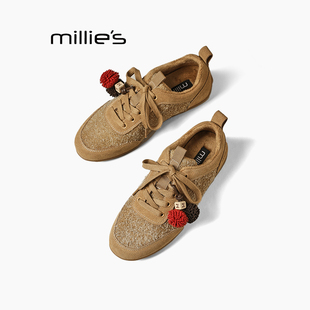 MILLIE'S/妙丽2026秋冬款真皮拼色平底鞋慢跑鞋女休闲运动阿甘鞋Q