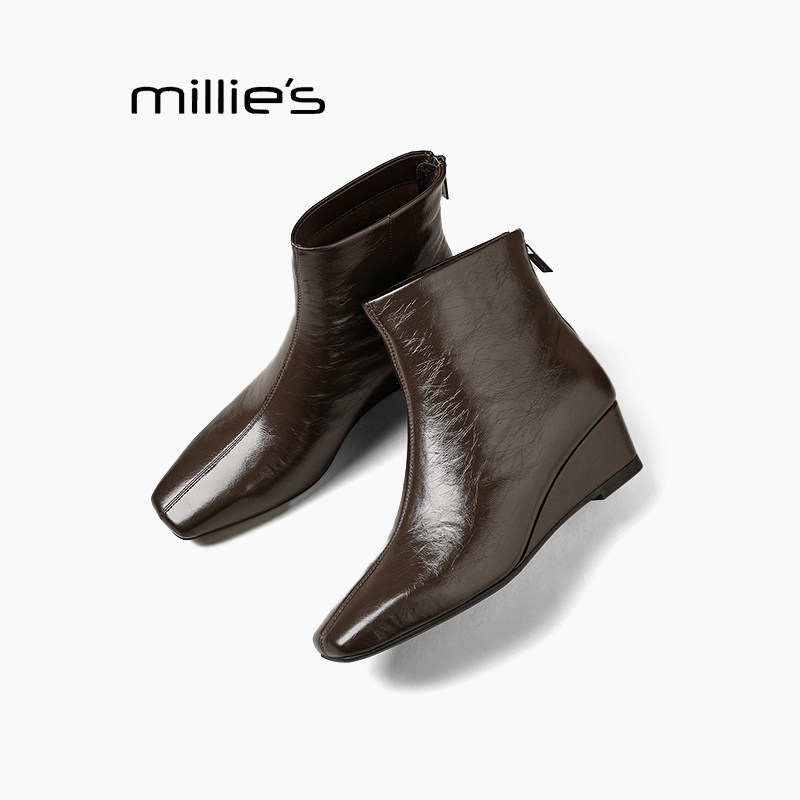 MILLIE'S/妙丽女鞋2025秋冬新款时尚加绒短靴后拉链高跟时装靴Z,女鞋,马丁靴,淘宝优惠券,粉丝福利购,淘宝优惠卷