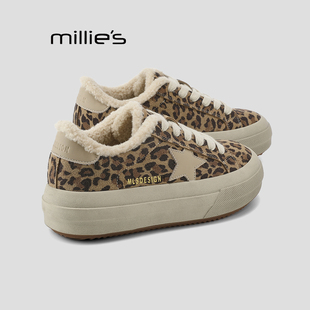 女冬季 妙丽豹纹加绒板鞋 保暖厚底休闲鞋 时尚 MILLIE 百搭运动鞋