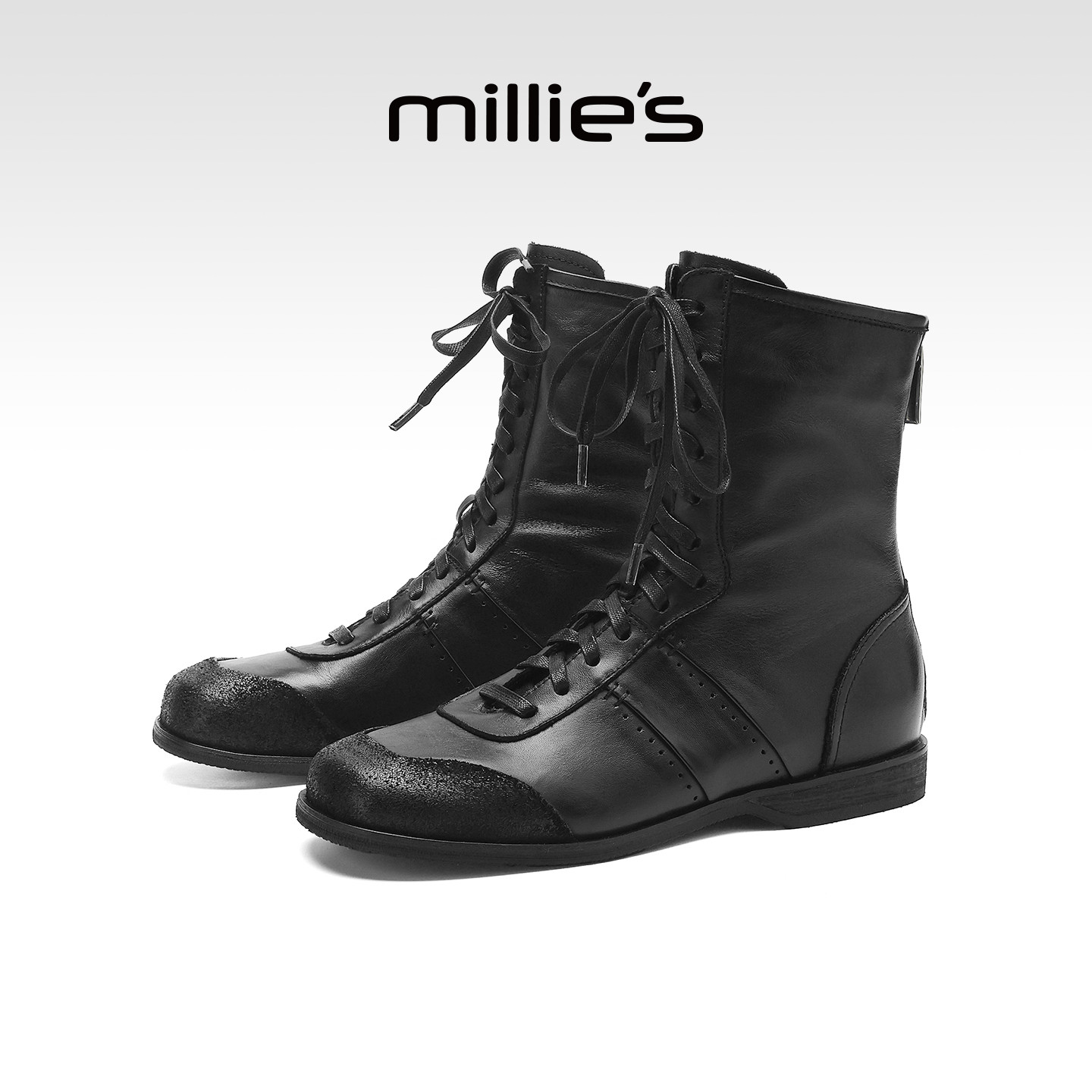 MILLIE'S/妙丽复古马丁靴女2026冬季新款黑色真皮系带短靴瘦瘦靴P