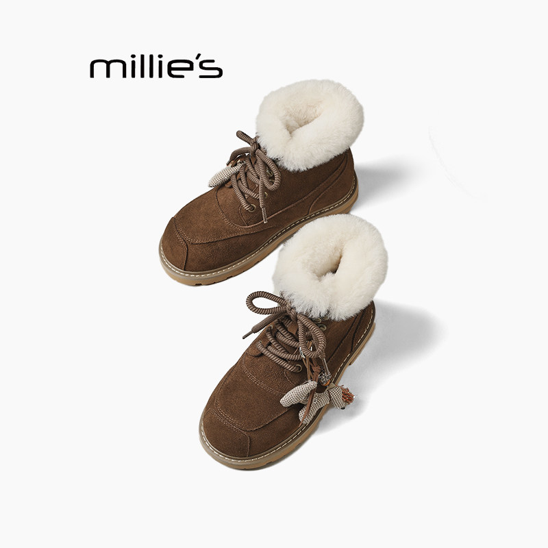 MILLIE'S/妙丽加绒马丁靴女冬季保暖雪地靴厚底短靴毛毛棉鞋子女Q