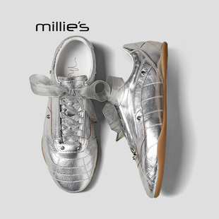 运动软底小白鞋 妙丽春款 女复古系带休闲鞋 银色德训鞋 MILLIE