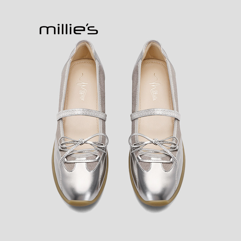 MILLIE'S/妙丽银色方头玛丽珍鞋女平底蝴蝶结法式复古百搭单鞋Q,女鞋,勃肯鞋/软木鞋,淘宝优惠券,粉丝福利购,淘宝优惠卷