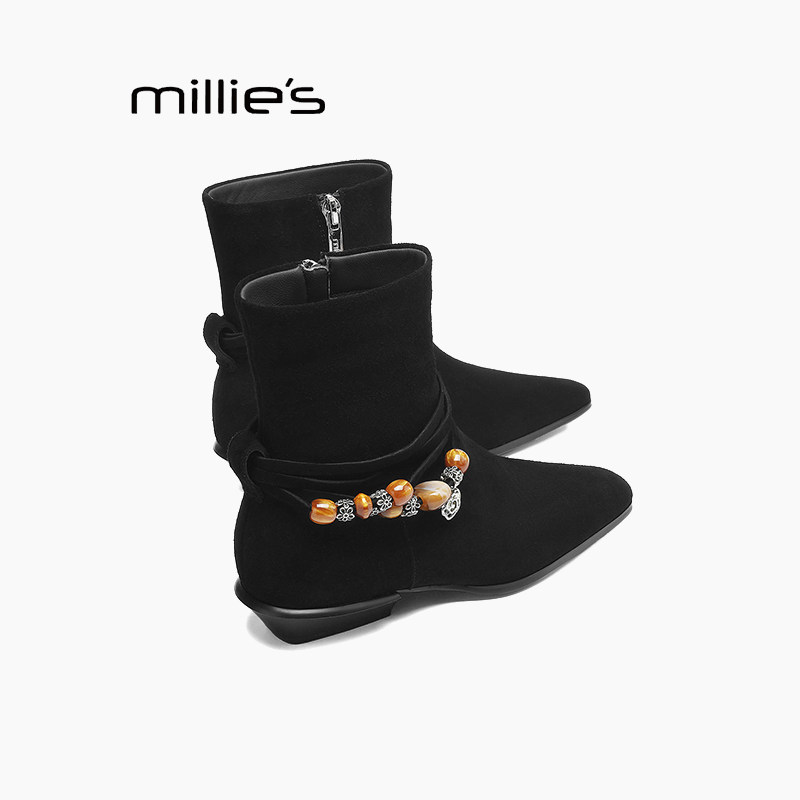 MILLIE'S/妙丽马丁靴串珠褶皱