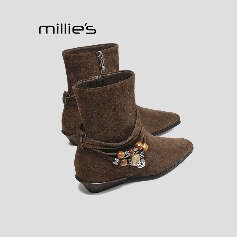 MILLIE'S/妙丽粗跟弹力瘦瘦靴女秋冬复古拉链显瘦时装靴及踝靴HQ