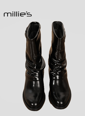 MILLIE'S/妙丽黑色堆堆靴女松糕底中筒粗跟皮带扣裤管靴褶皱短靴Q