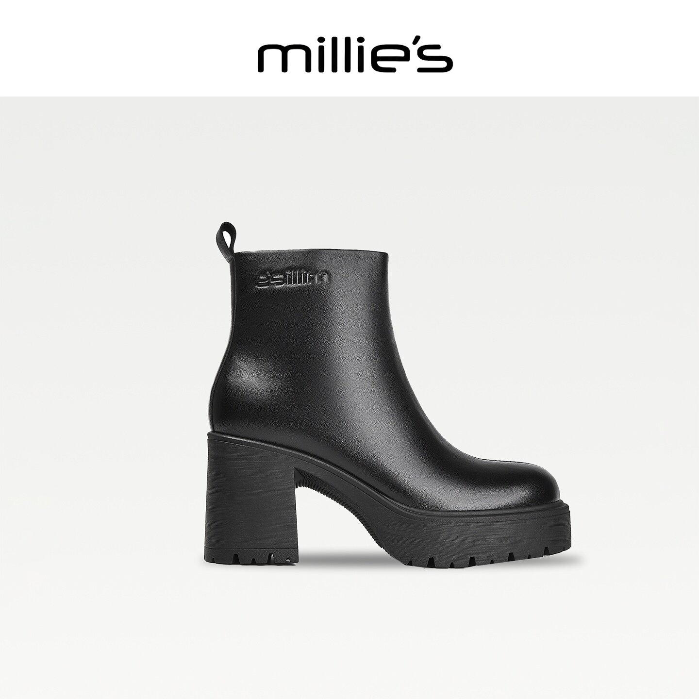 MILLIE'S/妙丽2026新款黑色靴女粗跟短靴短靴气质配裙子高跟鞋CZ