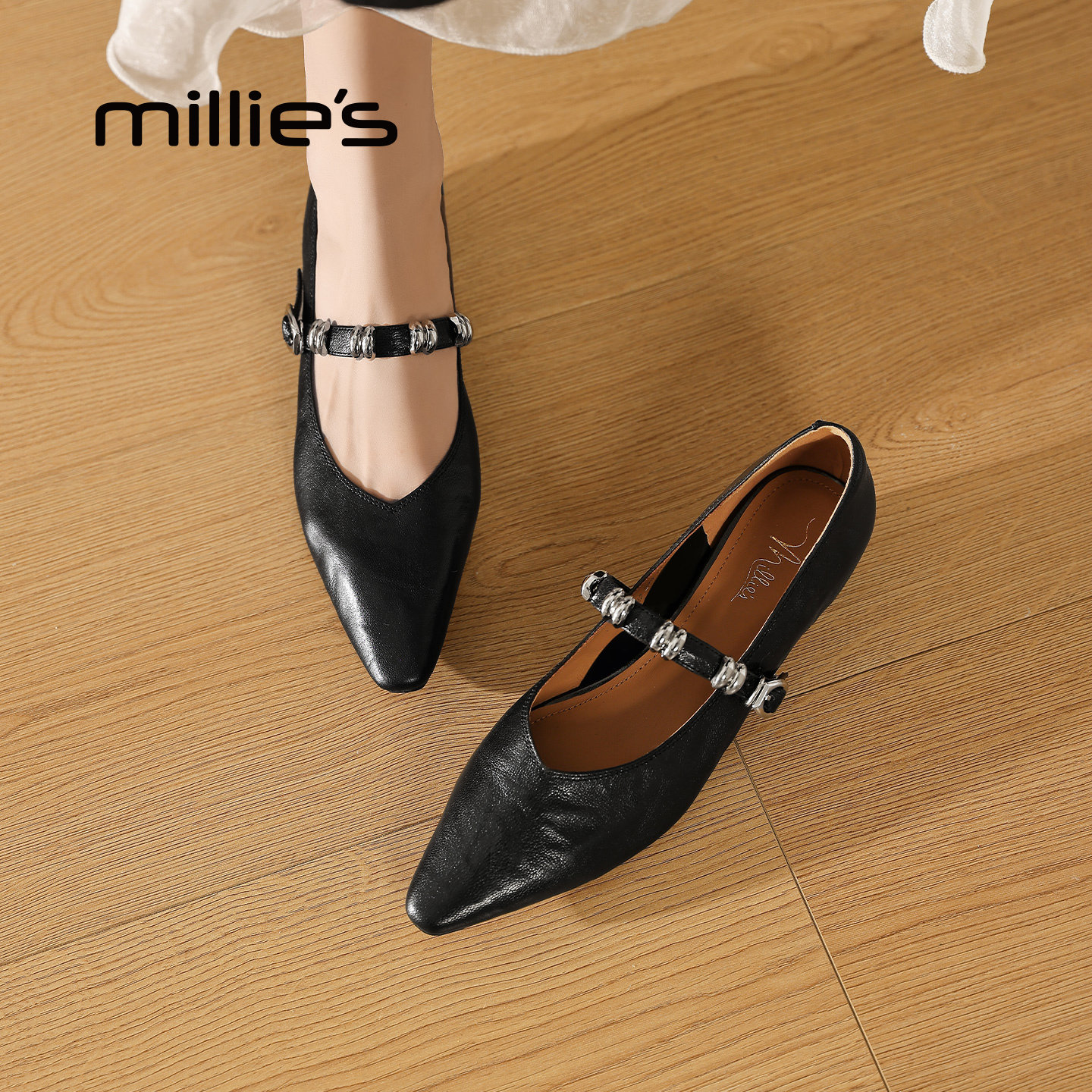 MILLIE'S/妙丽春季法式复古尖头玛丽珍鞋女真皮一字带浅口单鞋P