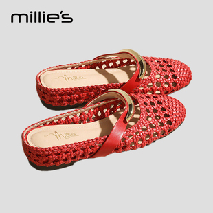 妙丽官方旗舰店真皮镂新款空包头凉拖鞋女外穿红色一字带低跟女鞋