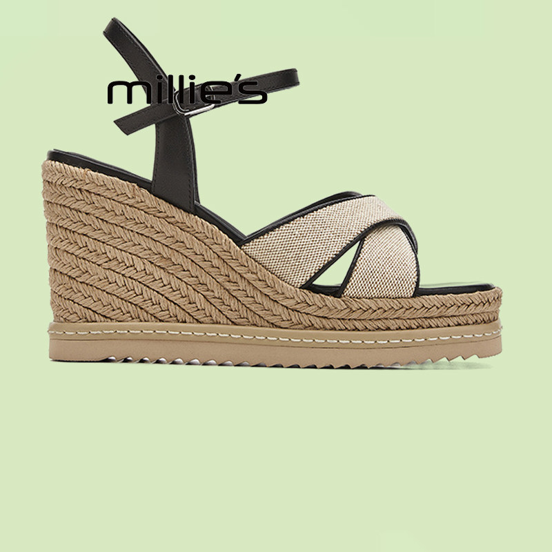 妙丽官方旗舰店复古2026夏季新款鞋底增高坡跟编织时装罗马凉鞋女
