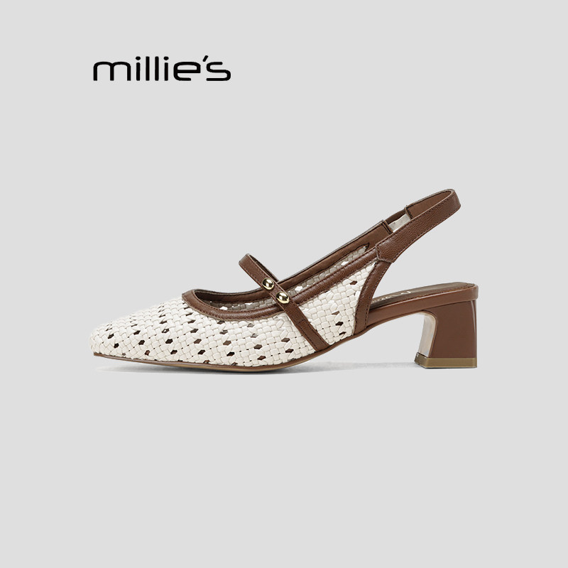 MILLIE'S/妙丽编织镂空玛丽珍鞋女中跟尖头后空凉鞋不累脚夏