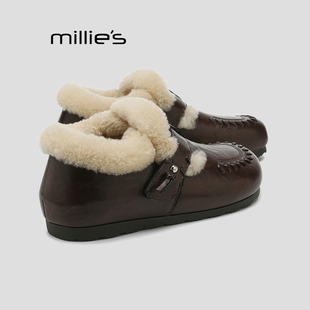 MILLIE'S/妙丽复古加绒全包真皮勃肯鞋冬季新款平底保暖毛毛鞋女Q