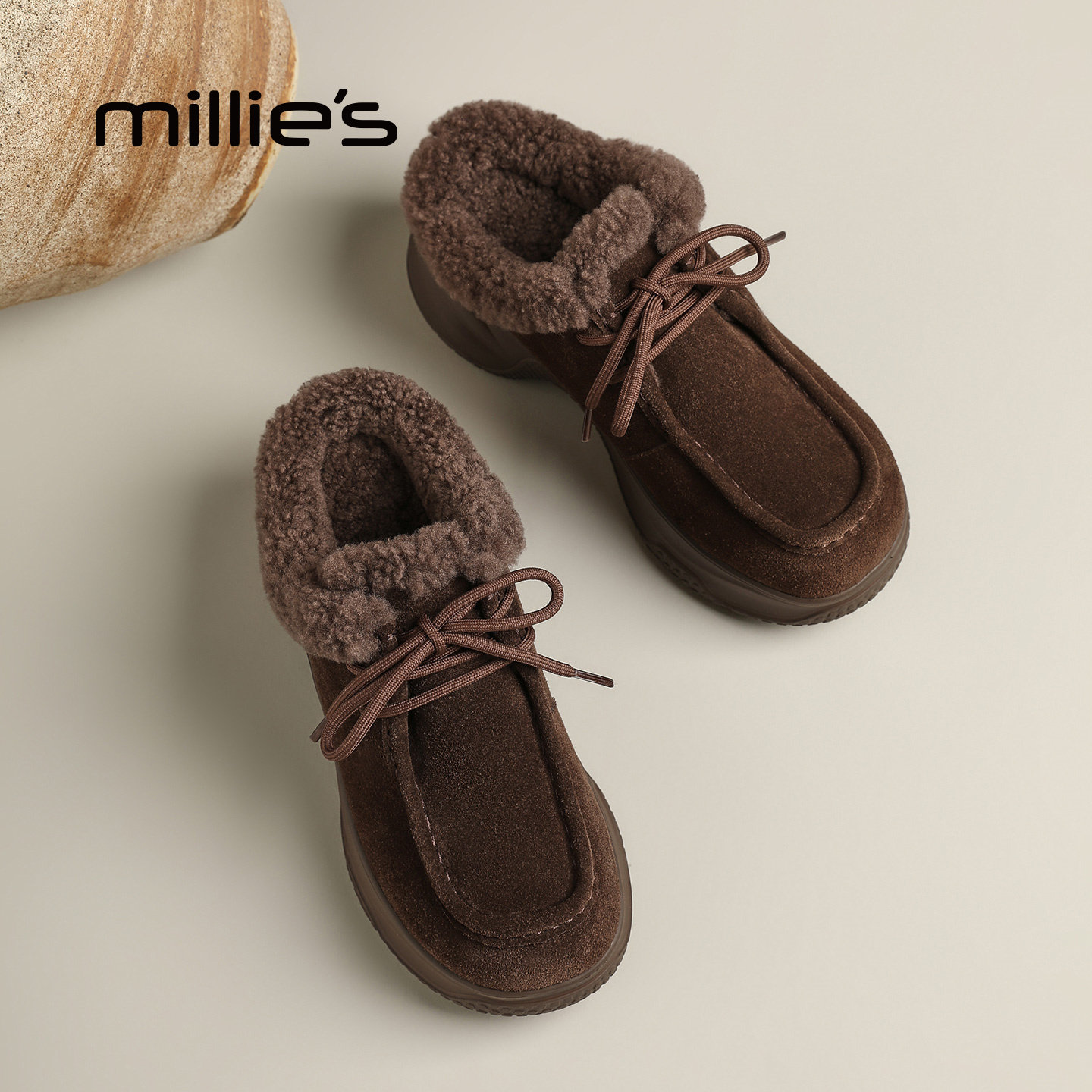 MILLIE'S/妙丽2026新款秋季加绒保暖棉鞋英伦风乐福短靴厚底毛毛P