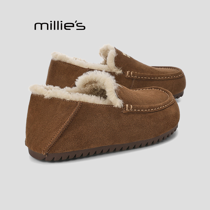 MILLIE'S/妙丽冬季新款加绒一脚蹬平底加绒加厚真皮乐福豆豆鞋Q