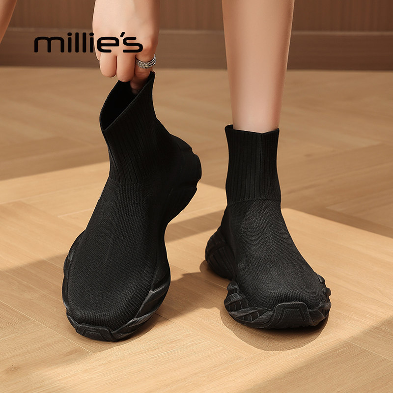 MILLIE'S/妙丽套筒防滑袜子鞋女2026秋新款运动风靴常规百搭短靴Z