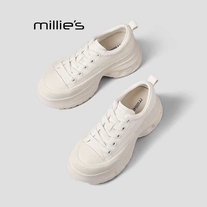 MILLIE'S/妙丽2026新款厚底增高德训鞋女白色松糕底休闲鞋极简风P