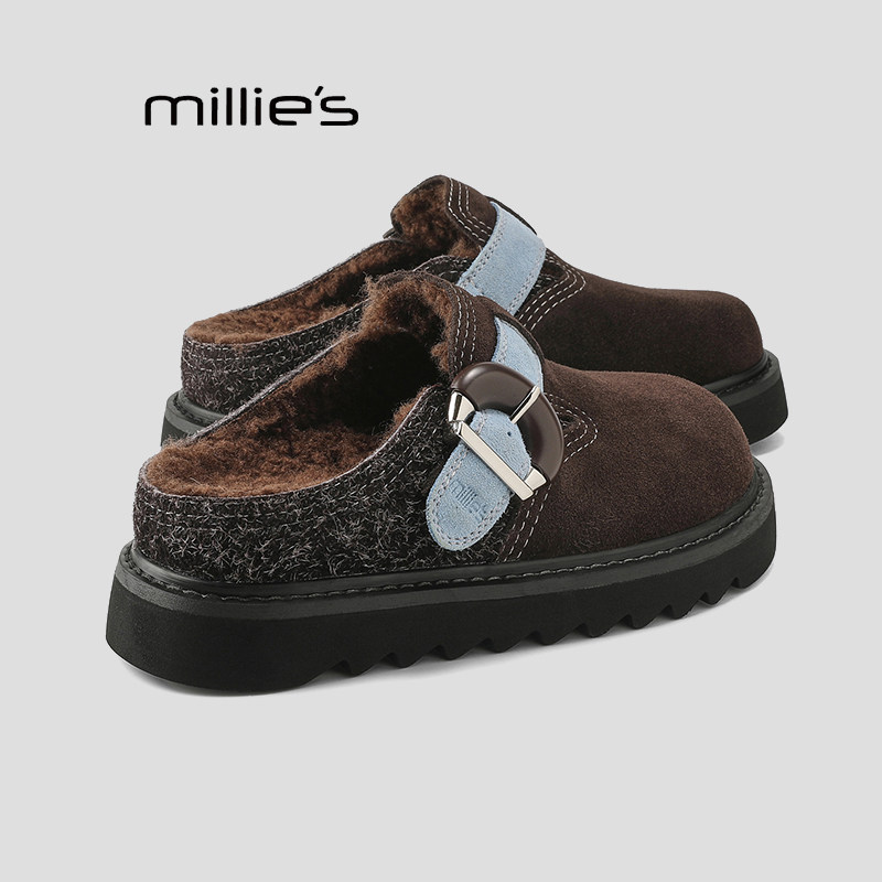 MILLIE'S/妙丽勃肯棉拖鞋女冬季新款加绒保暖包头半拖厚底女鞋子Q