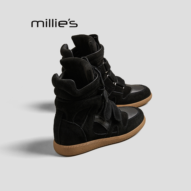 MILLIE'S/妙丽新款2025隐性内增高高帮女鞋平底休闲魔术贴运动鞋H