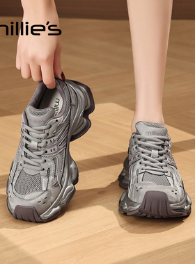 MILLIE'S/妙丽2025新款厚底复古风老爹鞋女灰色轻便增高运动鞋Q