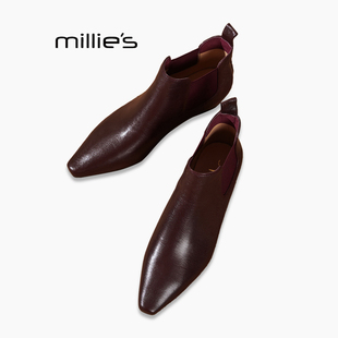 MILLIE'S/妙丽新款秋冬新款女鞋切尔西靴小方头复古短款女靴子Q
