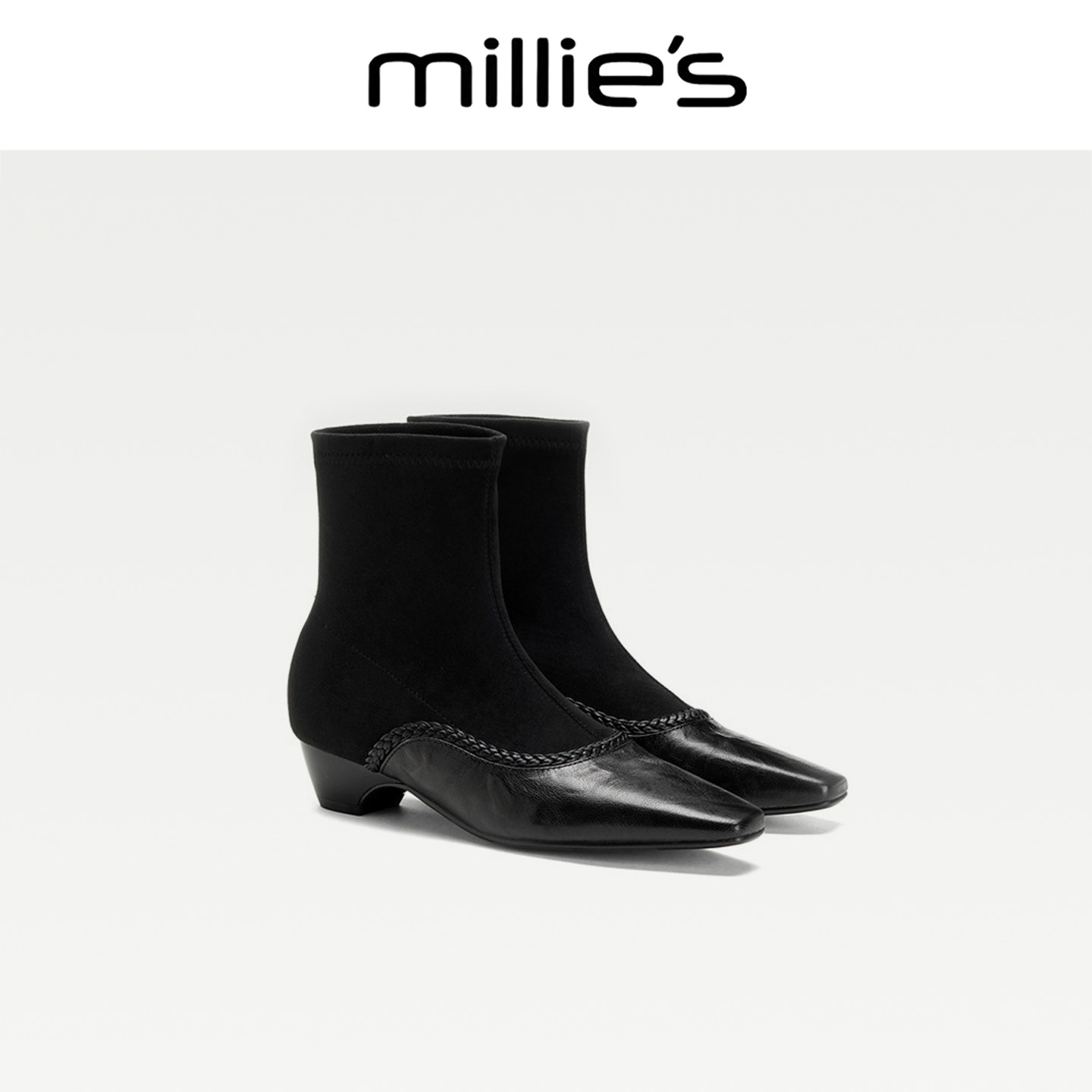 MILLIE'S/妙丽正品2026新款秋冬拼接尖头短靴女时尚百搭马丁靴CZ