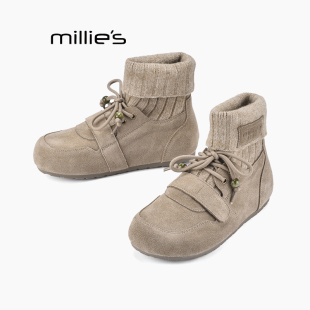 加绒针织拼接魔术贴内增高女鞋 妙丽冬款 两穿低筒短靴子Q MILLIE