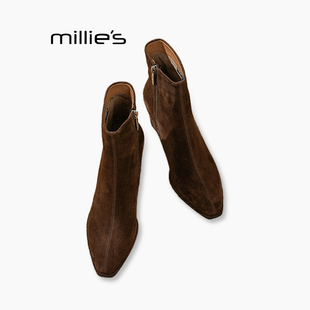 新款 妙丽2025冬季 方头跟短靴简约通勤百搭侧拉链裸靴Z MILLIE