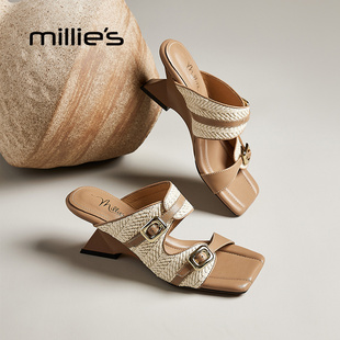 妙丽官方旗舰店平头方跟女鞋休闲女拖鞋2026春夏季简约时尚百搭鞋