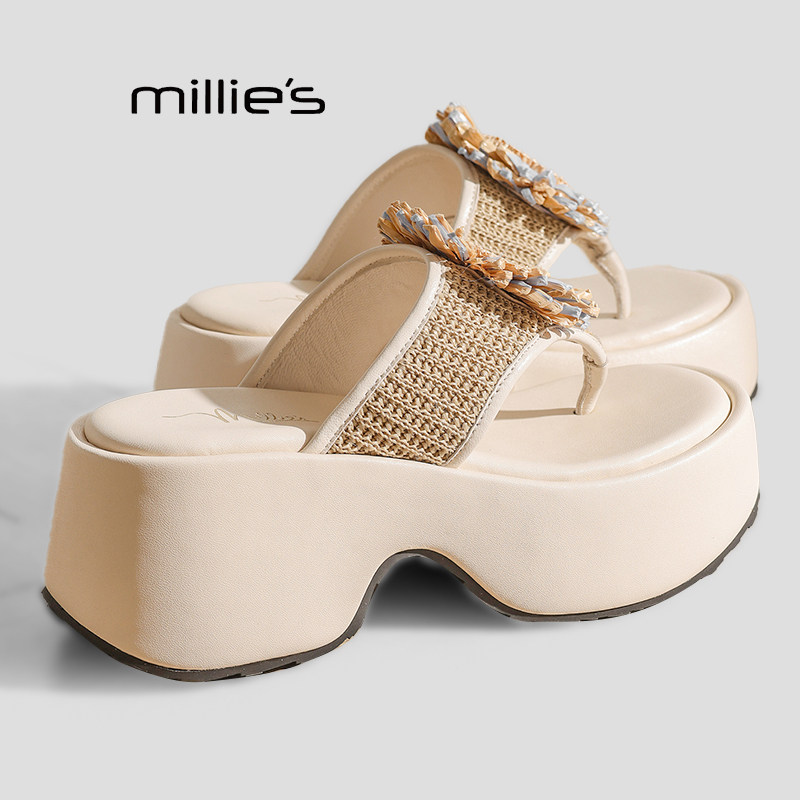 MILLIE'S/妙丽花朵厚底人字拖夏季巨好看增高凉拖鞋小个子沙滩鞋P