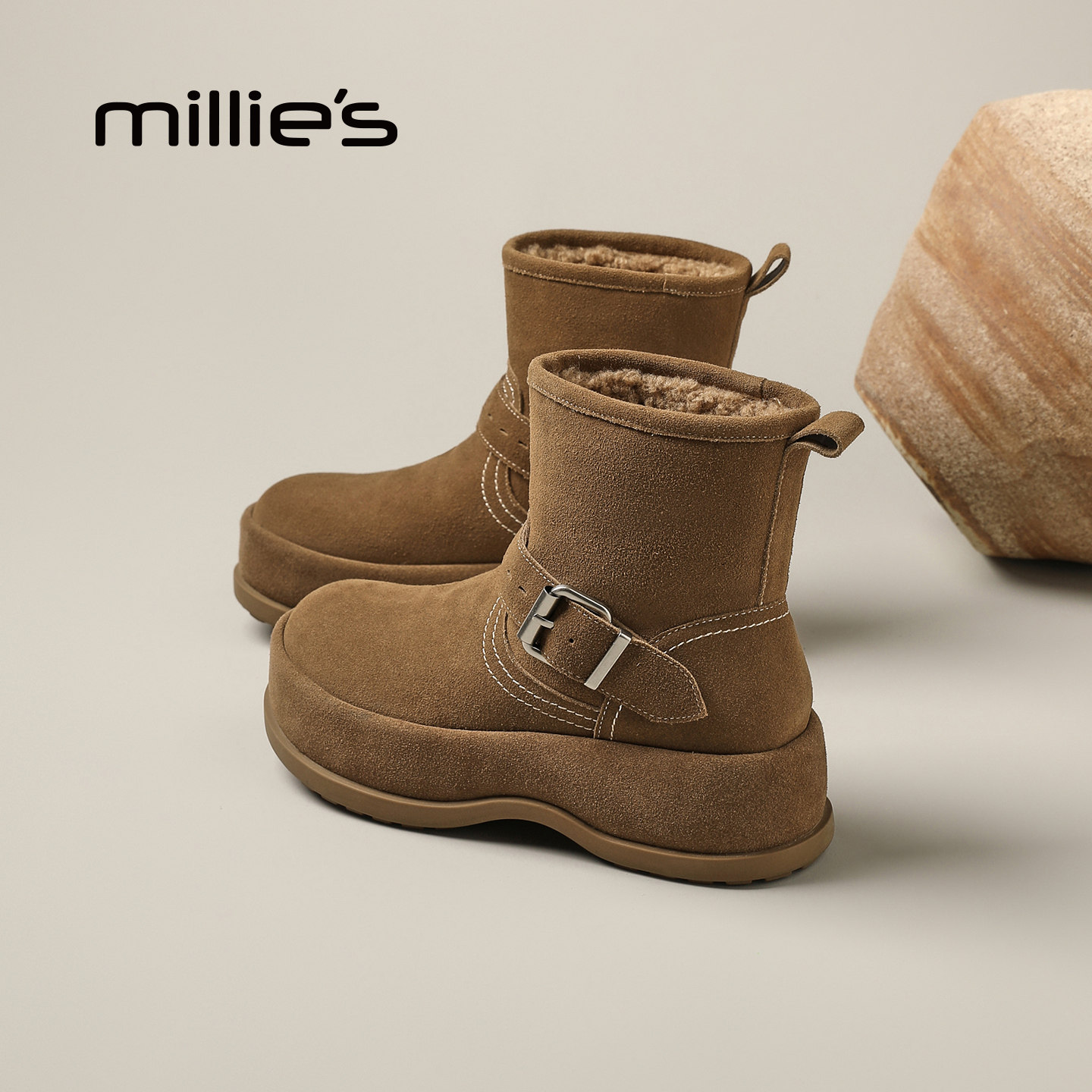 MILLIE'S/妙丽瘦瘦靴女冬季厚底短靴加绒保暖皮带扣弹力靴咖色Z,女鞋,弹力靴/袜靴,淘宝优惠券,粉丝福利购,淘宝优惠卷